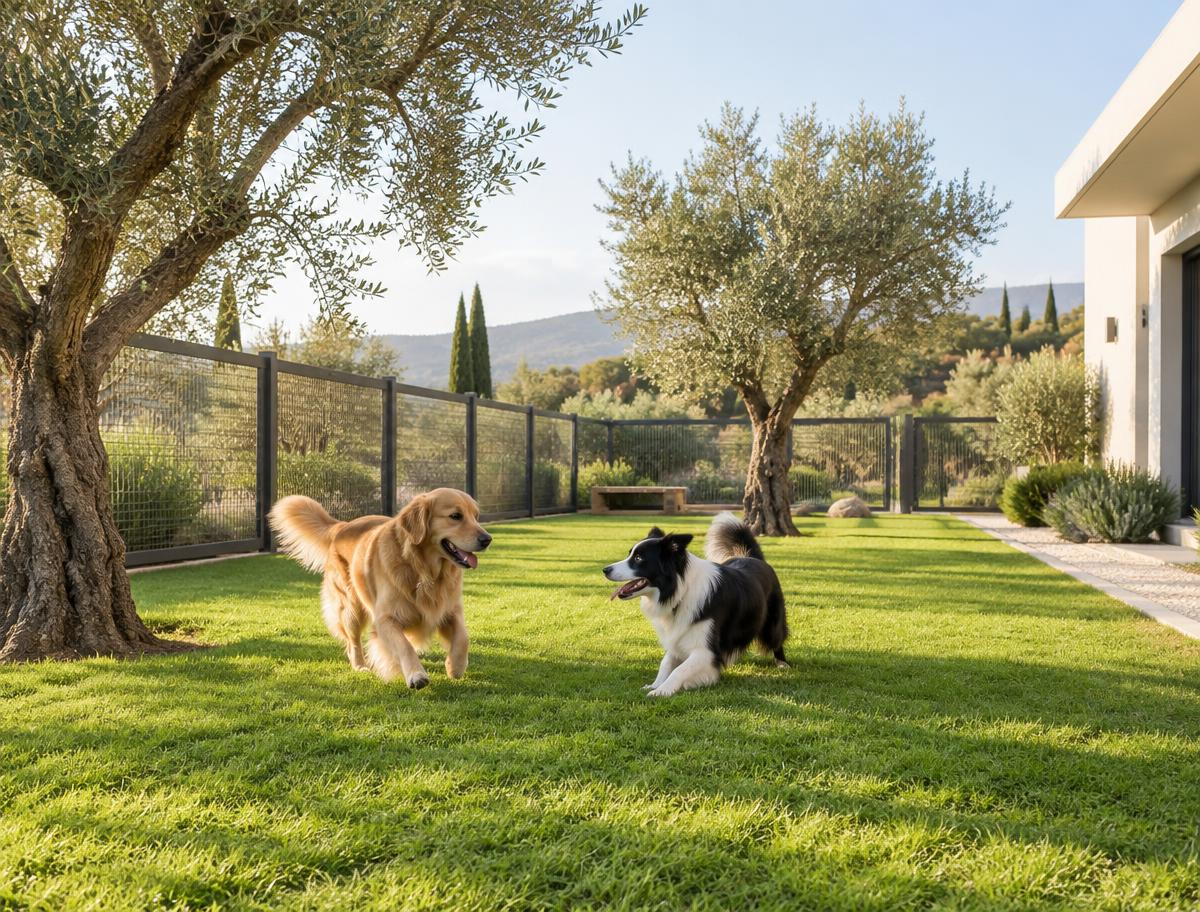 Jardín vallado de la residencia canina con olivos y dos perros jugando en el césped