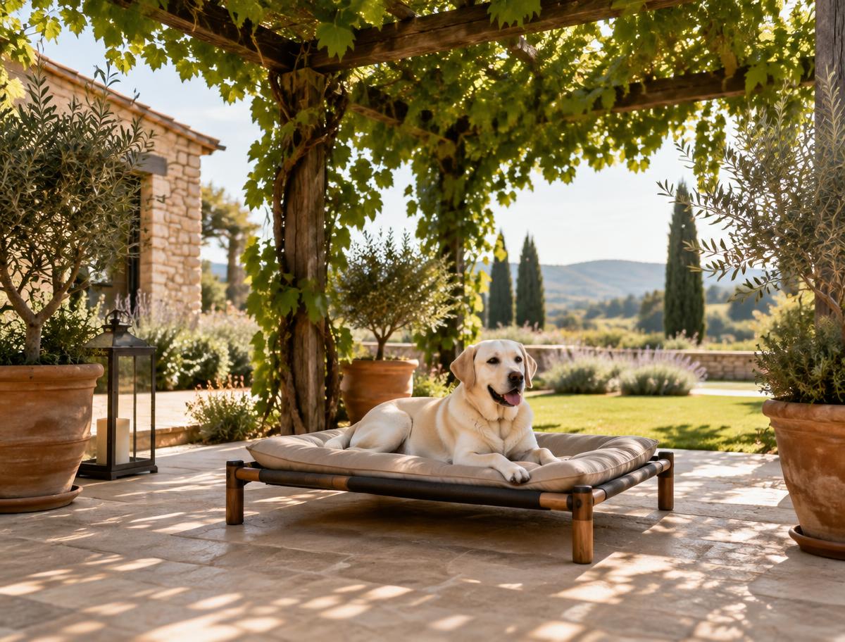 Rincón con pérgola en el jardín de la residencia, con una cama de diseño a la sombra