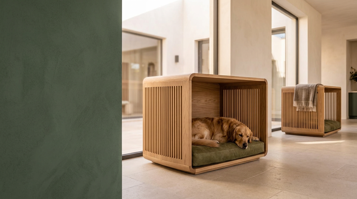 Un golden retriever descansa en un refugio compacto de madera dentro de una residencia canina